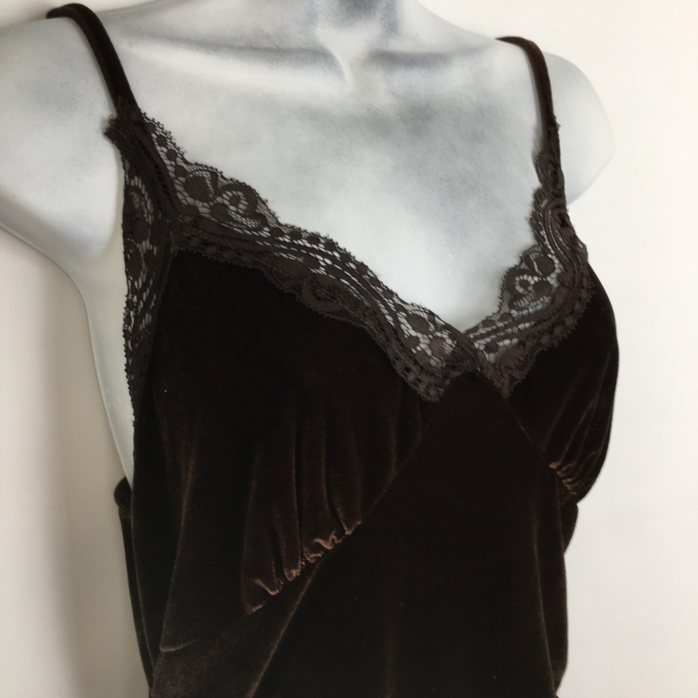 Vintage Y2K Brown Velvet Mini Dress Babydoll Empire Waist Lace Trim